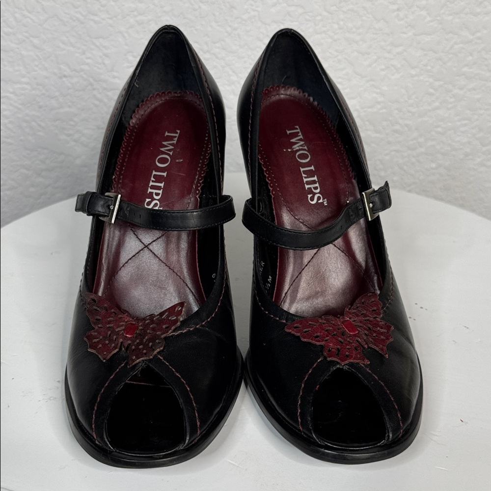 TWO LIPS SUMMER BLACK MARY JANE HEELS BUTTERFLY PEEP TOE VINTAGE Y2K SHOES - Picture 3 of 14